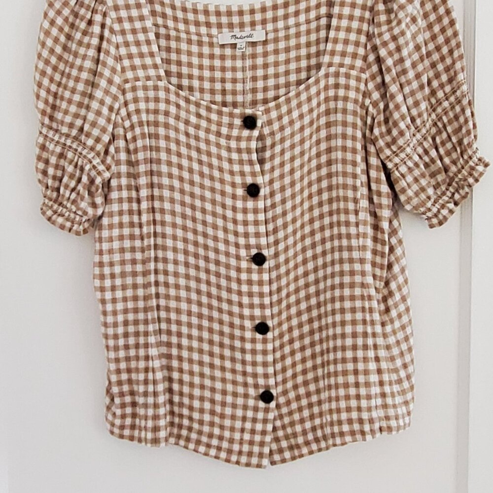 Madewell Linen-Blend Square-Neck Puff-Sleeve Top in Gingham Check, Brown, Size S - Picture 4 of 5